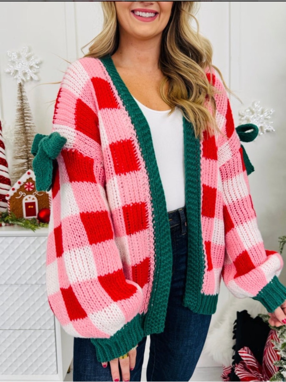 Checkered Bow Sleeve Knit Christmas Cardigan